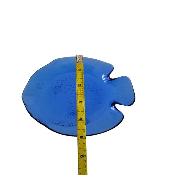 4 Pc Cobalt Blue Fish Plates Glass 2 Snack 2 Large Serving Plates France - Picture 6 of 9
